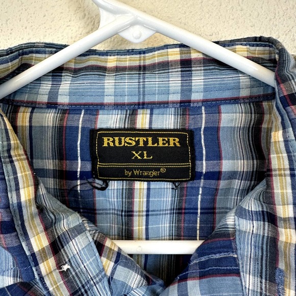 Vintage Rustler Wrangler Shirt Men Blue White Pearl Snap Short Sleeve Plaid XL - Picture 2 of 5
